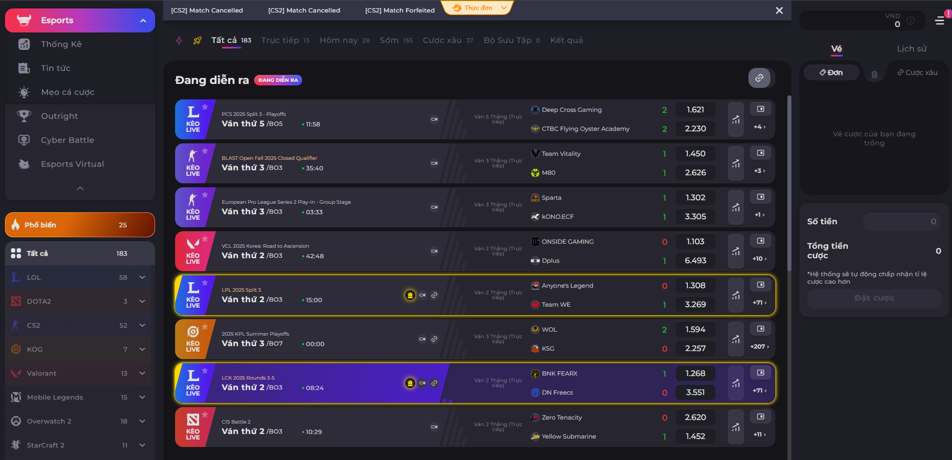 Các trò chơi HOT tại sảnh Esports